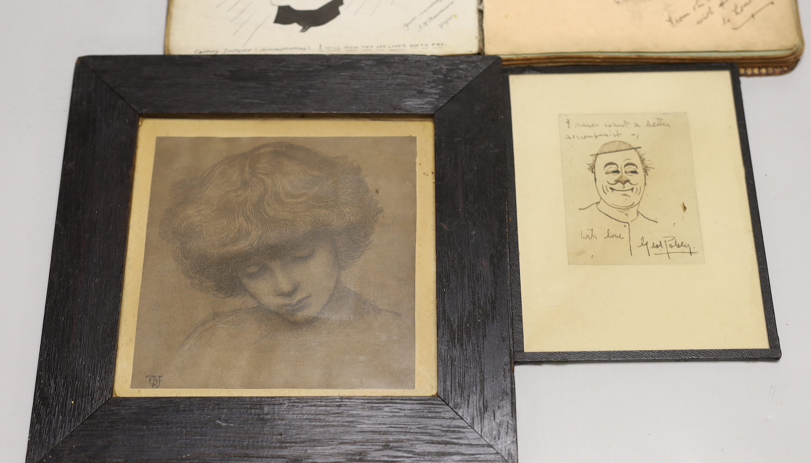 An early 20th century sketch album, a print of an etching monogrammed EBF, and two cartoon pen and ink drawings